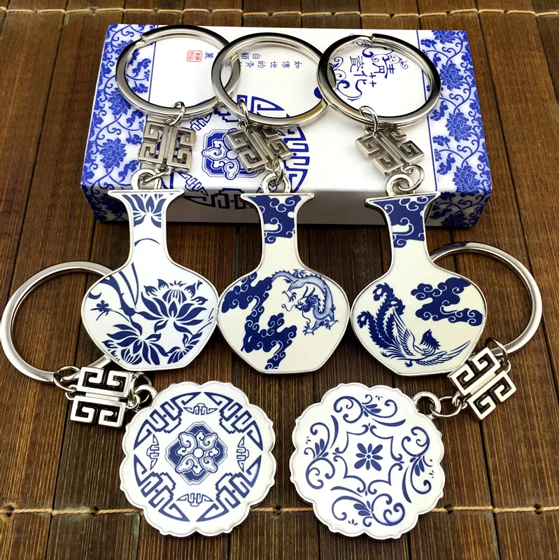 10 Sets Chinese style Teacher Gift Set keychain keyring Unique Blue and White Porcelain Key Holder Business Favors