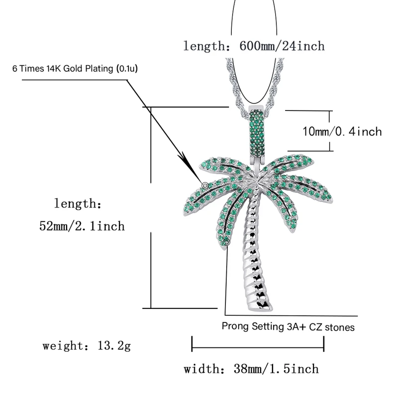 TOPGRILLZ Coconut Tree Iced Out Cubic Zircon Pendant& Necklace Gold Silver Color Plated Hip Hop Men\'s Jewelry