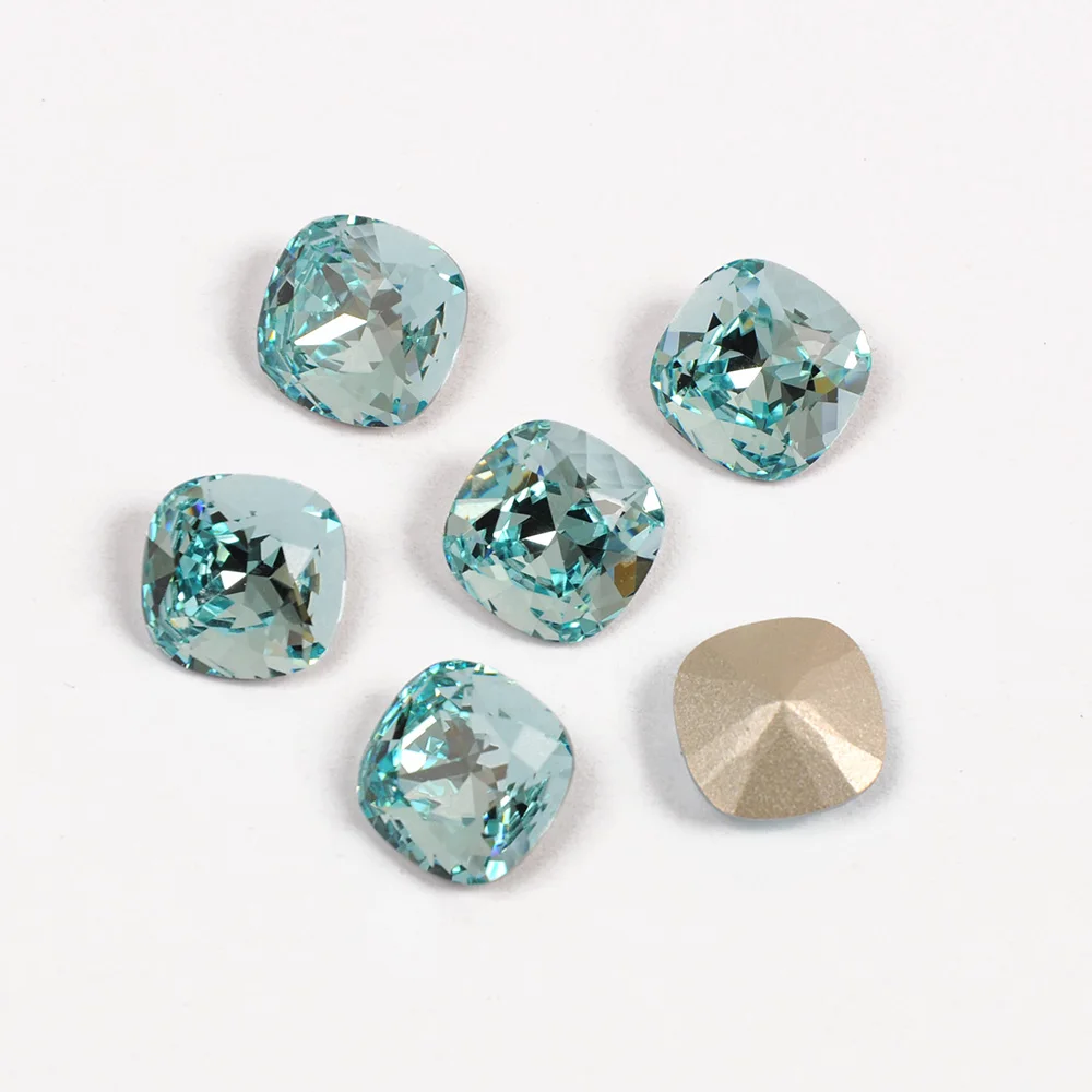 Aquamarine Color Cushion Cut K9 Fancy Crystal Pointback Nail Charms Rhinestones Super Bright Glass 3D Nail Art Gems