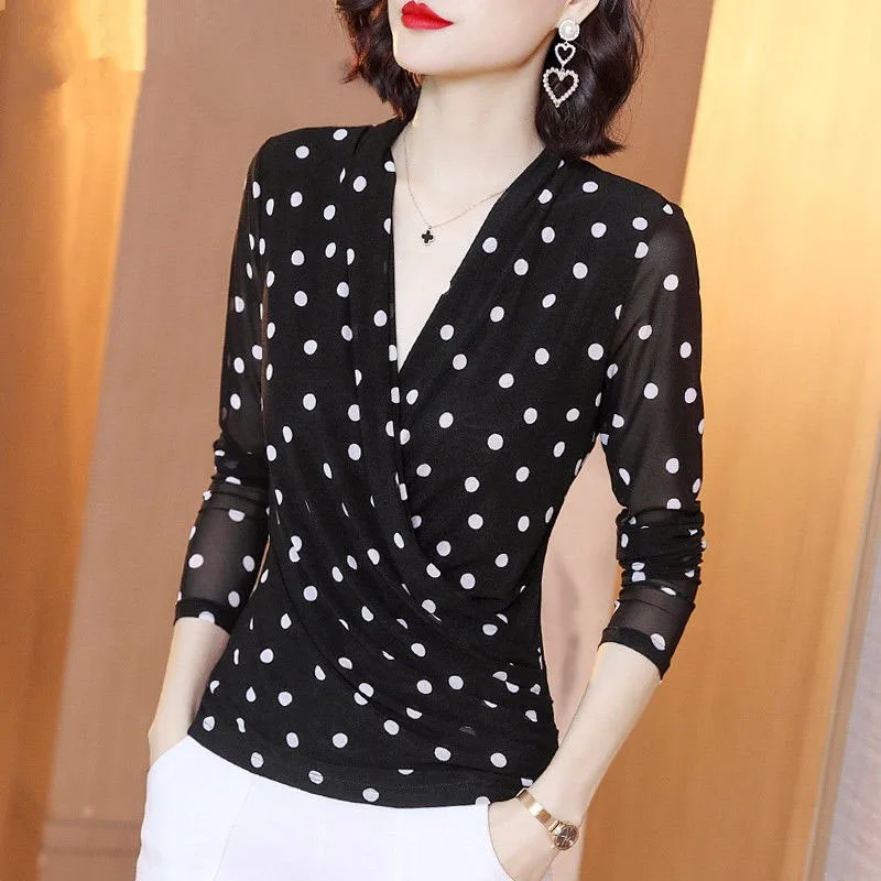 Women Spring Summer Style Lace Blouses Shirts Lady Casual V-Neck Polka Dot Printed Lace Blusas Tops DD8051