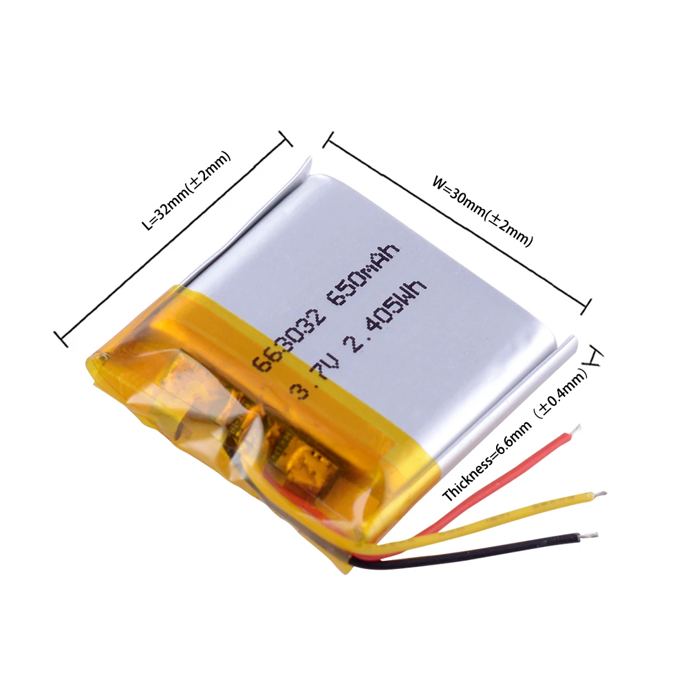 자동차 DVR 레지스트라 레코더 TPMS 발광 MP3 플레이어용 리튬 이온 폴리머 배터리, 650mAh 663032 3.7V