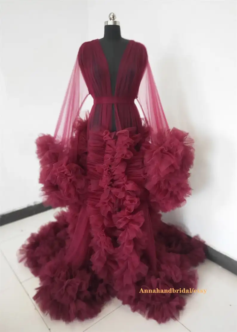 Women\'s Burgundy Photography Dress Sexy Robe Nightgown Ruffles Sleepwear Lace Tulle Bathrobe Pajamas Prom Bridesmaid Shawl