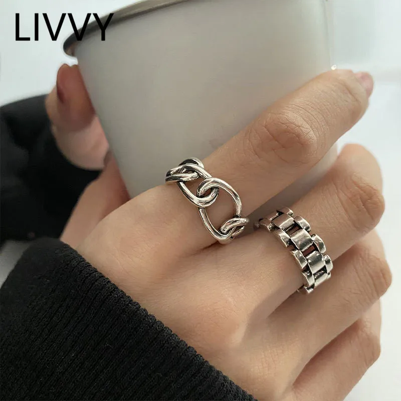 

LIVVY Trendy Silver Color Finger Rings New Fashion Creative Round Geometric Cross Hollow Chain Party Jewelry Gifts