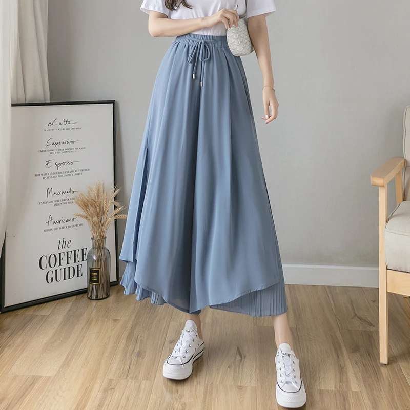 Casual Solid Color Wide Leg Pants Elastic High-waist Pleated Women\'s Pants Spring Loose Flowing Summer Female Chiffon Trousers