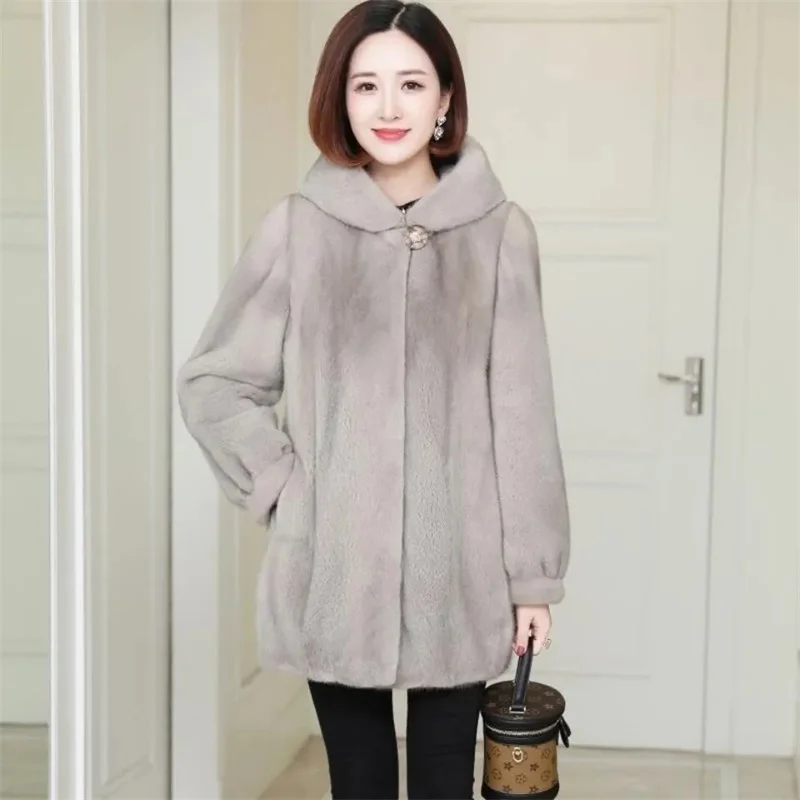 2023 New Imitation Mink Fur Loose Hooded Thick Mid-Length Coat Women\'s Winter Middle-Aged Mother\'s Winter Coat Mujer Elegant