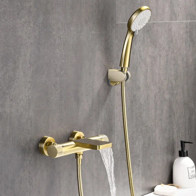 Brushed gold Constant Temperature Shower Faucet Wall Mounted Double Handles Faucet Handheld Bath Shower Set with Bracket