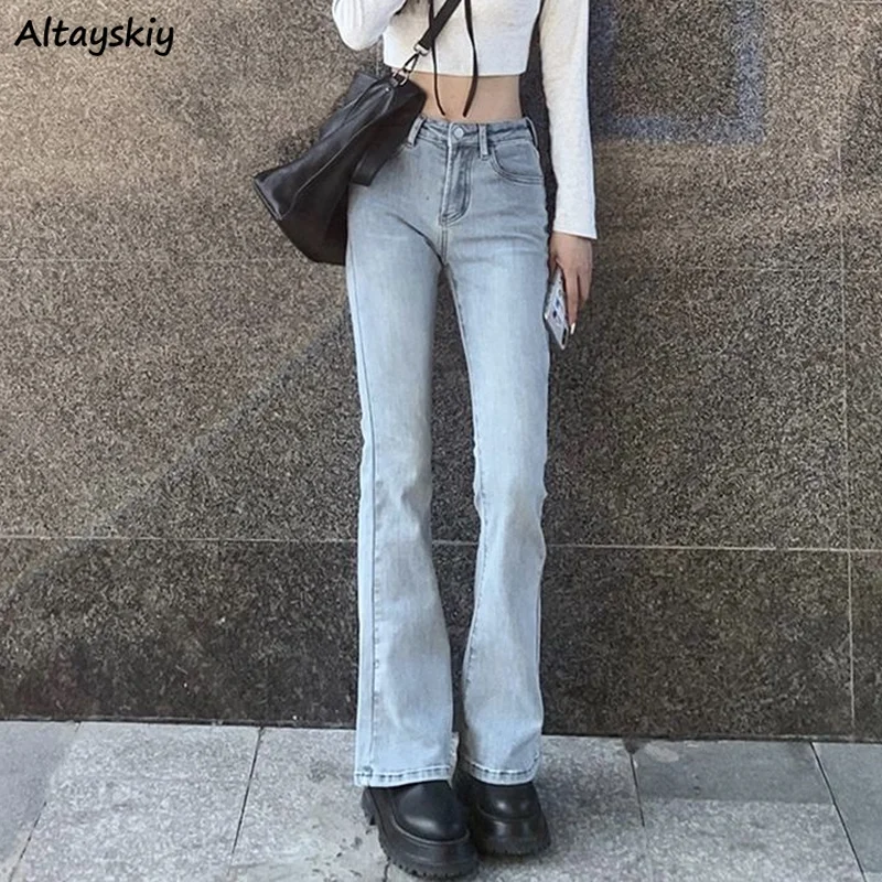 Flare Jeans Women Bleached Korean Style Chic Slim Trendy Stretchy Hipster Retro Elegant Ulzzang College Street Full Length Lady