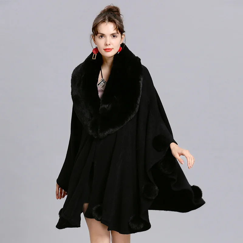 Poncho de péndulo grande para mujer, chal de bola de piel de invierno, suéter de punto de gran tamaño, cárdigan con cuello de piel de zorro falso, abrigo con pompón