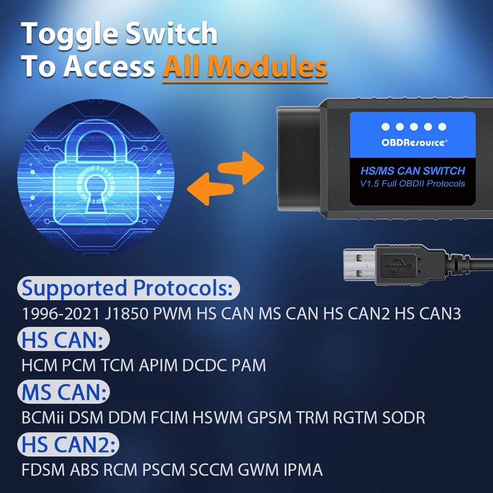 OBDResource FORSCan ELM327 V1.5 USB Diagnostic Tool OBD2 Scanner Code Reader with HS/MS For Ford USB CH340 V1.5 PIC18F25K80 Chip