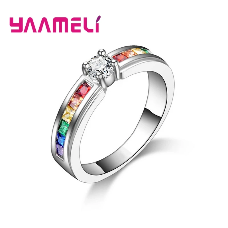 Real 100% 925 Sterling Silver Color Rainbow Cubic Zircon Rings For Women Wedding Lovely Engagement Proposal Ring Accessory