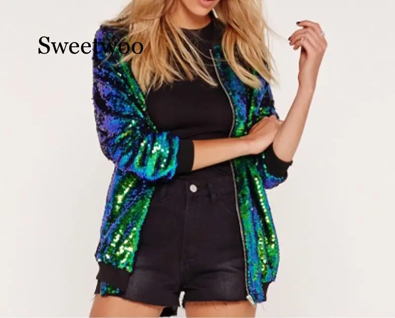 

Sweetwoo Fashion Mermaid scales sequin jacket women New streetwear Sequins baseball jacket Casual Tunic Glitter Outerwear Female