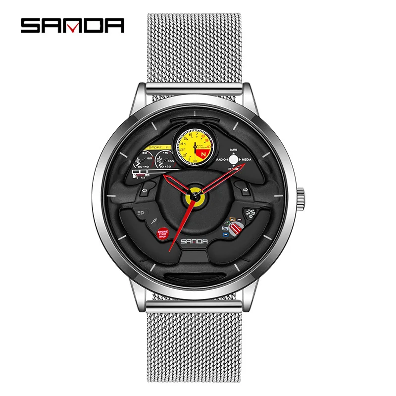 Innovative Skeleton Watch Men\'s Sports Car Steering Wheel Waterproof Stainless Steel Watch Quartz Brand Wristwatch