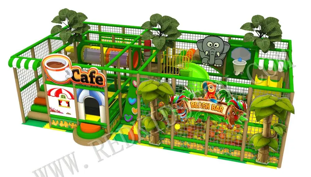 Jungle Themed Playground Equipment With Two Slides and Trampoline HZ-20200314