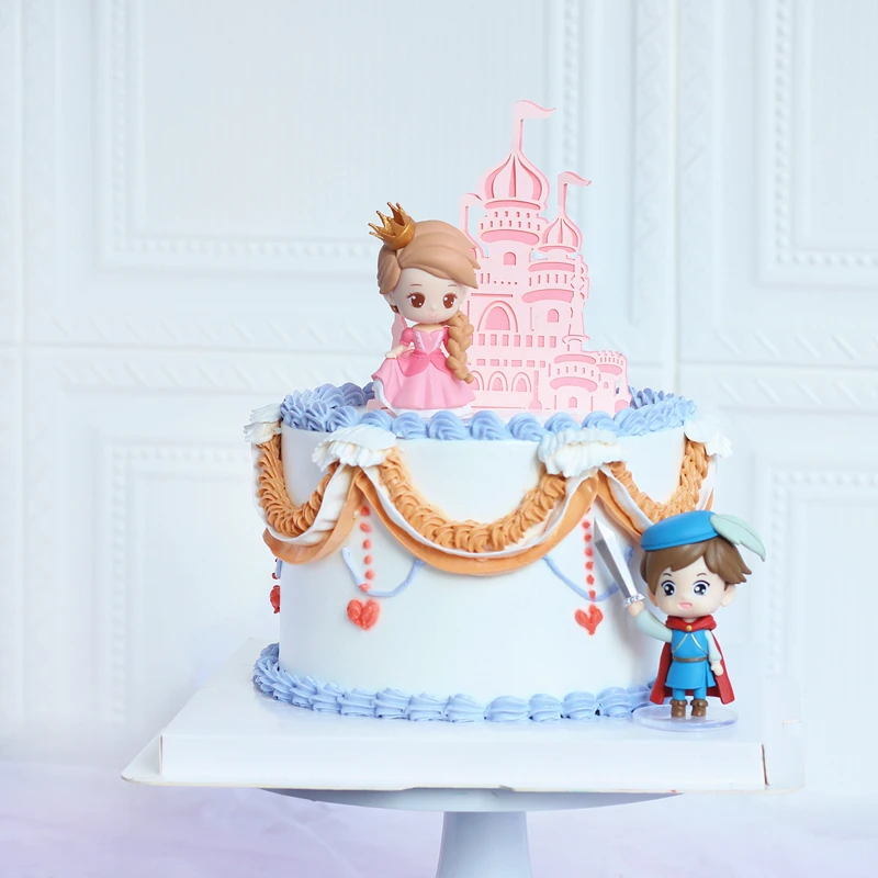 

Prince Princess Decoration Girl Boy Happy Birthday Party Prince Bow Pink Blue Castle Cake Topper Wedding Dessert Baking Supplies