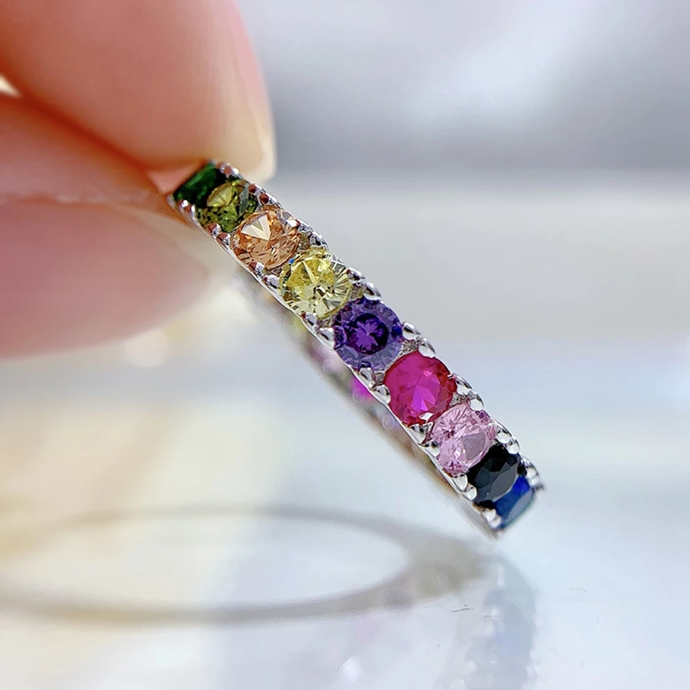 WUIHA Romantic 925 Sterling Silver Round Multicolor Created Moissanite Gemstone Wedding Engagement Row Diamond Ring Fine Jewelry