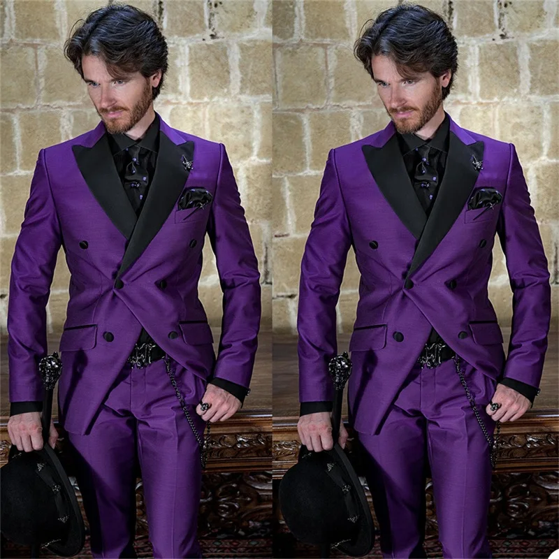 

Purple Double Breasted Costume Homme Mens Suits 2 Pieces Groomsmen Wedding Tuxedos Terno Masculino Slim Fit Blazer Jacket+Pant