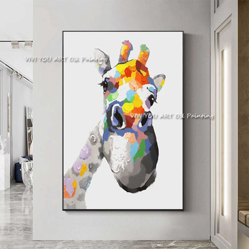 Vertical Pop Art Giraffe Canvas Painting, 100% Handmade Thick Texture Wildlife Wall Art, Frameless Living Room Decor