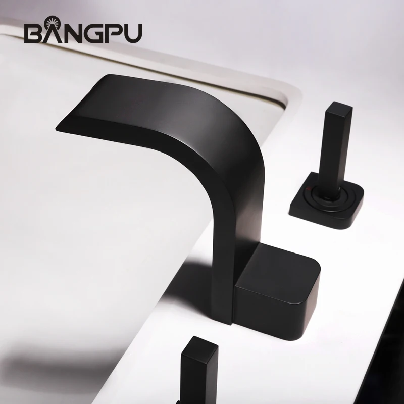 BANGPU 3 Hole Bathroom Faucet Black Basin Faucet Deck Mounted Waterfall Sink Faucet Bathroom Tap Double Handle Solid Brass