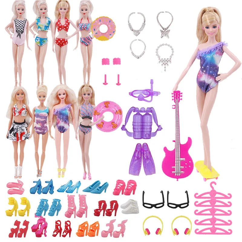 40Pcs Barbies Accessories=2Swim Rings+2Headset+1Guitar+2Roller Skate+2Glasses+2Bracelets+2Earrings+10Shoes+5Swimsuits+5Hangers