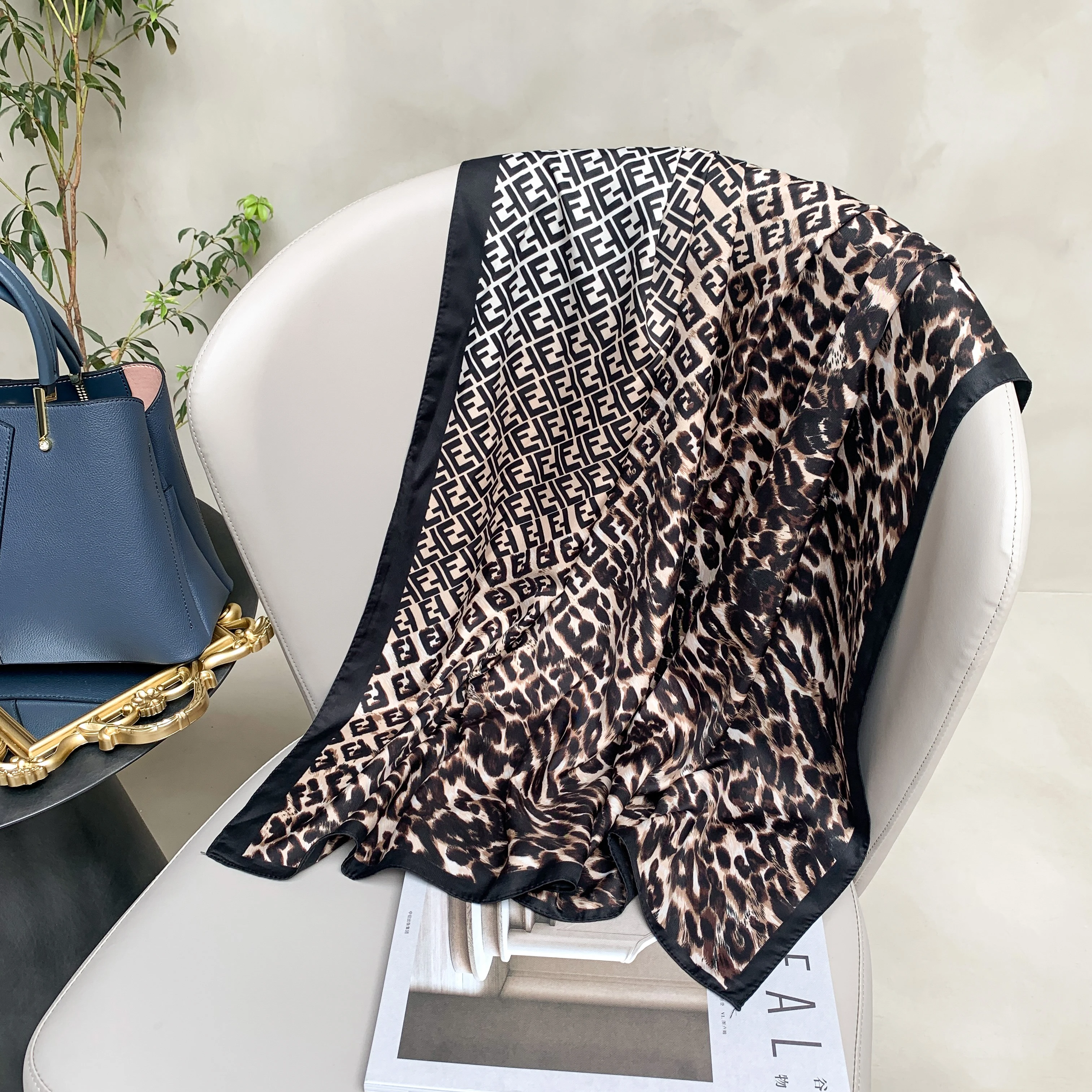 2022Europe Spring Classic Leopard Colorblock 90*90cm Twill  Large Square Scarf  Women\'s Accessories Head Scarf Beach Shawl Scarf