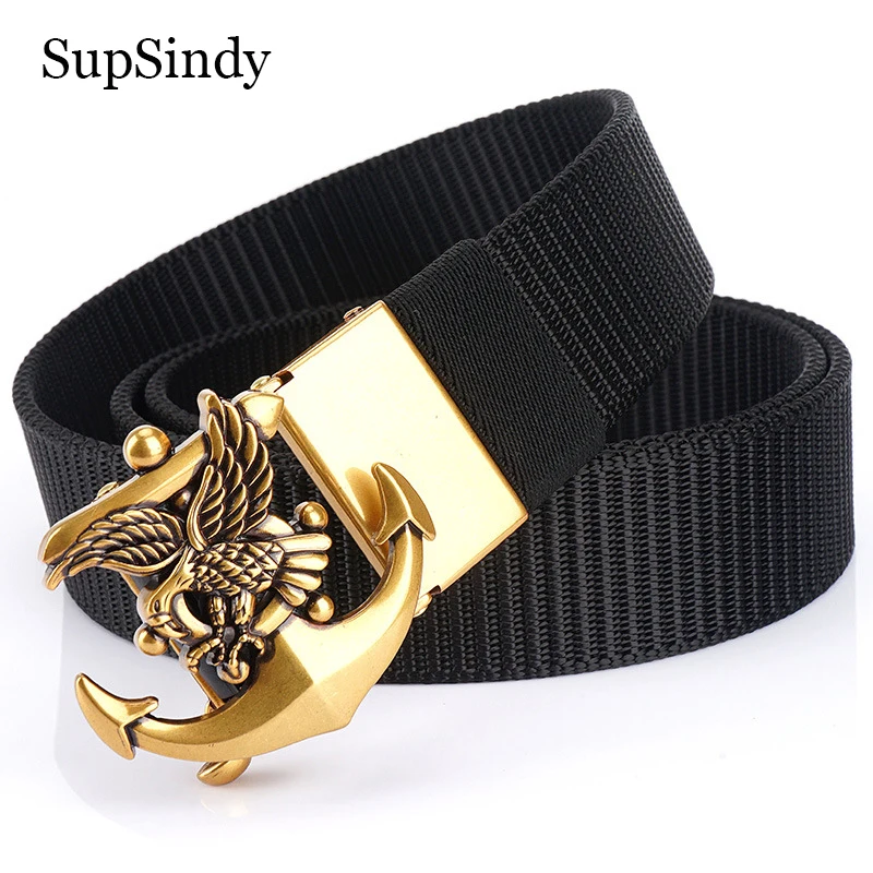 SupSindy Man's Nylon Belt Luxury Gold Eagle Metal Automatic Buckle Canvas Belts for Men Fashion Jeans Waistband Black Male Strap