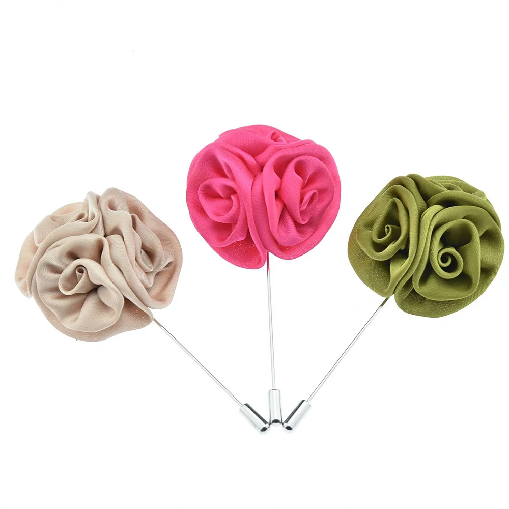 Handmade Rose Flower Brooches Fabric Floral Lapel Pins Copper Long Needle Pins Fashion Suit Accessory Lapel Pin for Men 15 Color