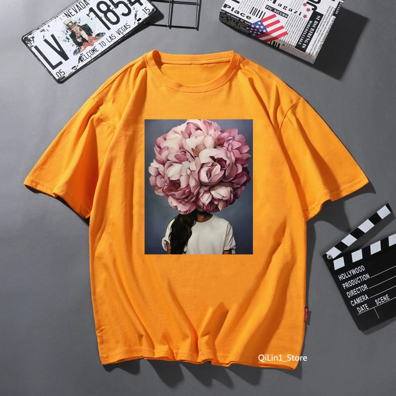 

vintage t shirt women Aesthetic clothes pink yellow solid Tshirt femme Sexy Flowers Feather Print female t-shirt oversized shirt