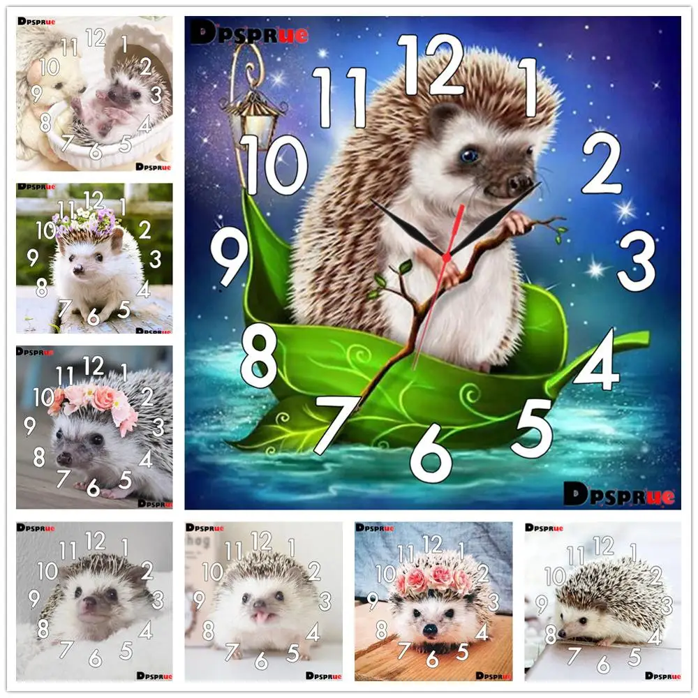 kexinzu Full Diamond Painting Cross Stitch With Clock Mechanism Mosaic 5D Diy Square Round Animal Hedgehog 3d Embroidery Gift