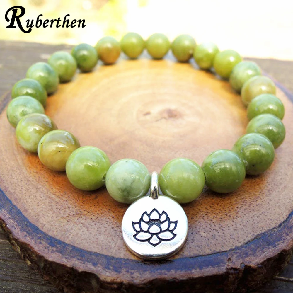 Ruberthen AA Grade Green Lemon Jade Mala Bracelet Trendy Women`s Heart Chakra Yoga Bracelet Reiki Infused Love Mala Bracelet