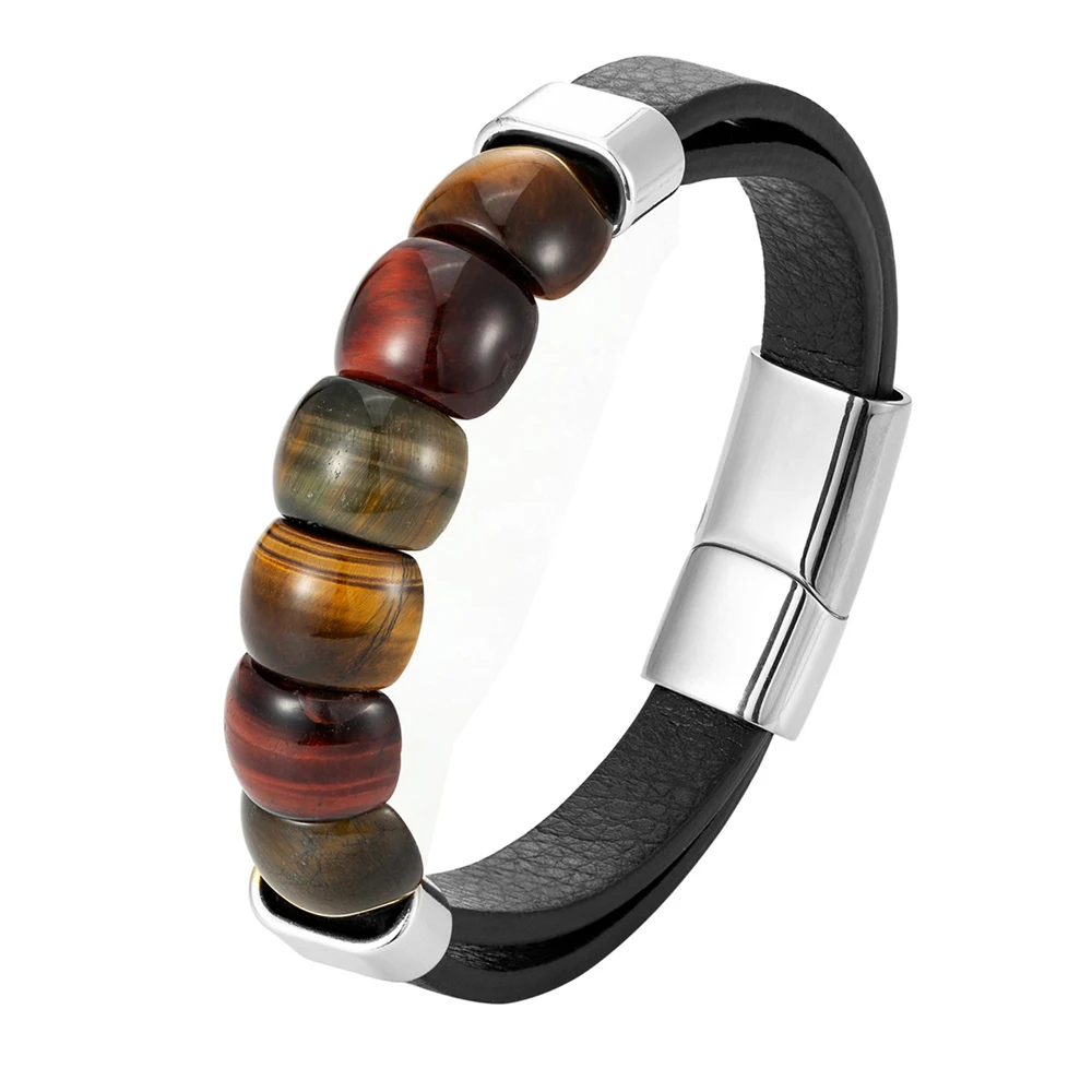 New Fashion Natural Stone Beaded Bracelet Men and Women\'s Leather Bracelet Handmade Jewelry Stainless Steel Bracelet Men\'s Gift
