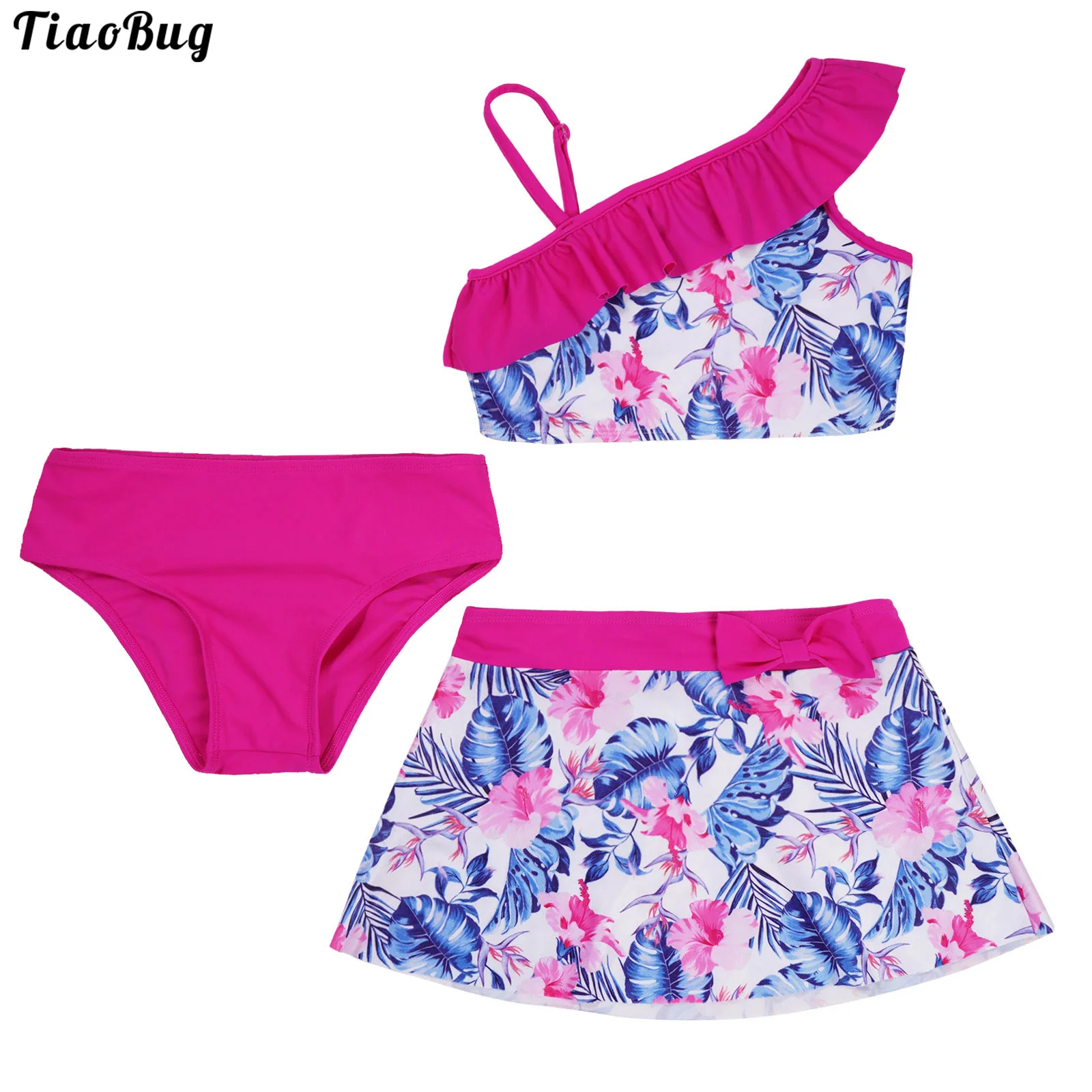 

TiaoBug Summer 3Pcs Kids Girls Swimwear Asymmetrical Shoulder Strap Ruffle Trim Floral Print Crop Tops With Skirt And Briefs Set