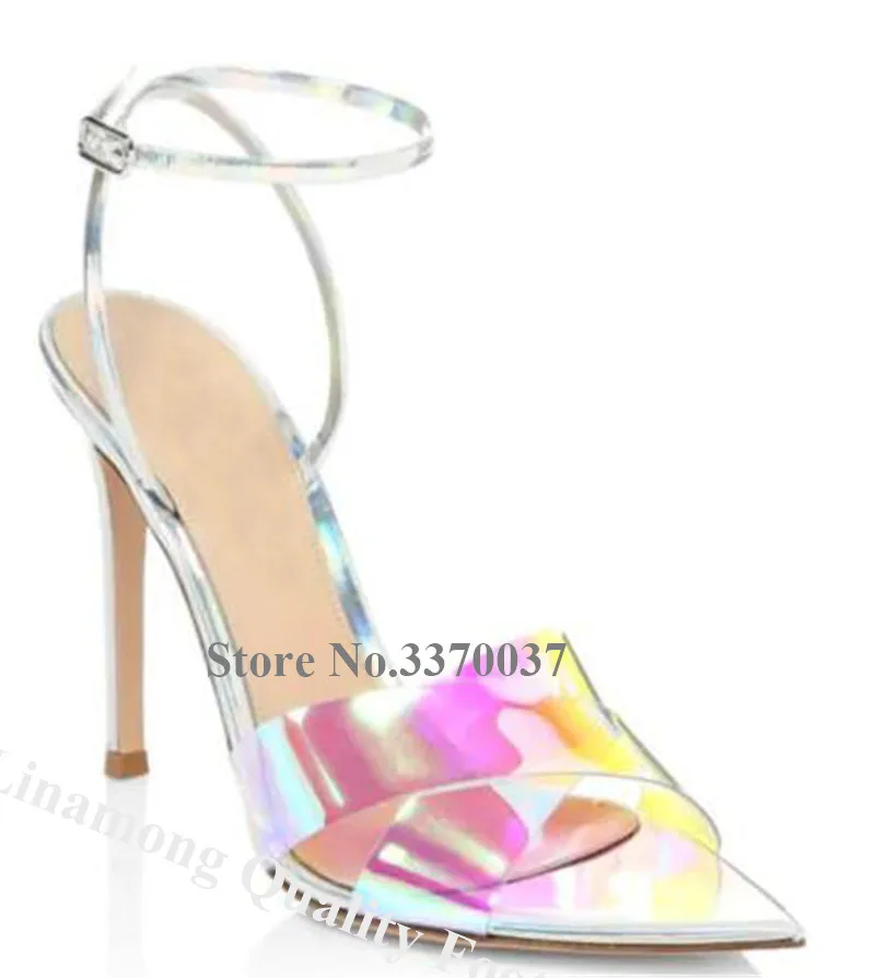 Linamong Shining Mixed-colors Reflective PVC Stiletto Heel Sandals Pointed Open Toe  Fluorescent Transparent High Heel Sandals