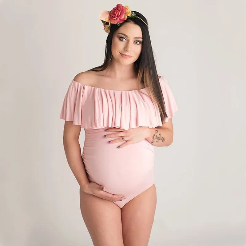 Stretchy Summer Maternity Photo Shooting Bodysuit Slash Neck Ruffles Pregnant Woman Jumpsuit For Photography