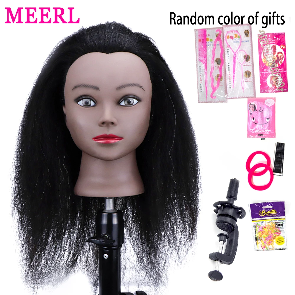 Afro Mannequin Head Real Human Hair Hairdressing Head African Salon Traininghead Manikin Cosmetology Doll For Braiding Styling