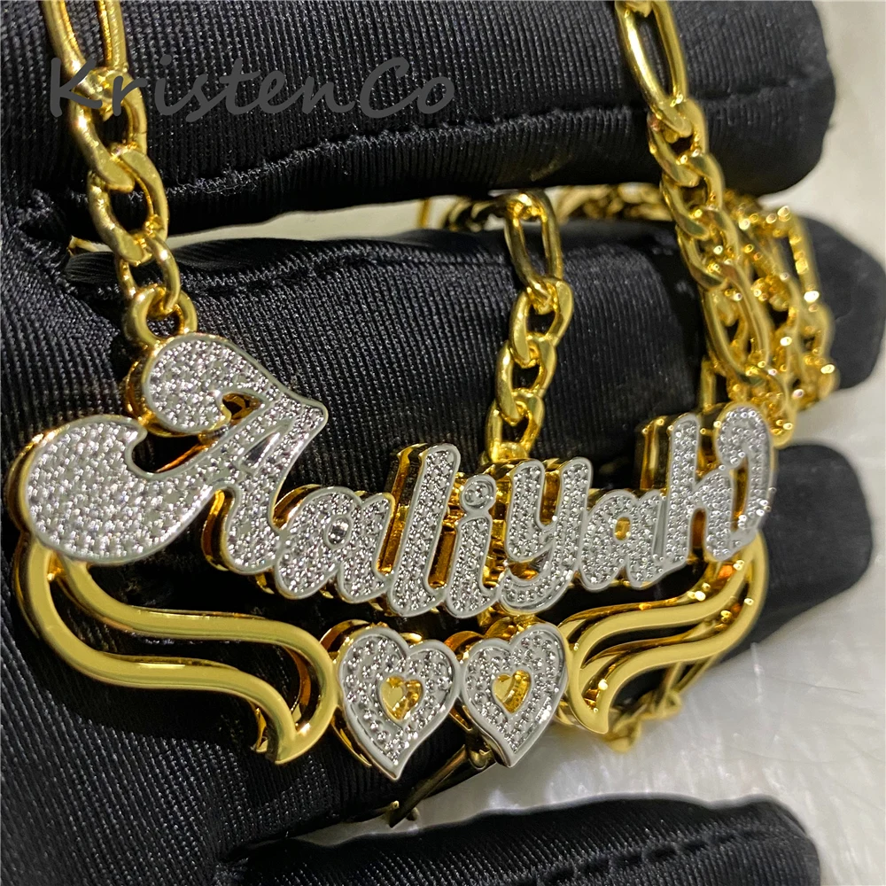 Custom Nameplate Necklace Customized 3D Double Pendant Jewelry Personalized Letter With Gold Figaro Chain For Women Necklaces