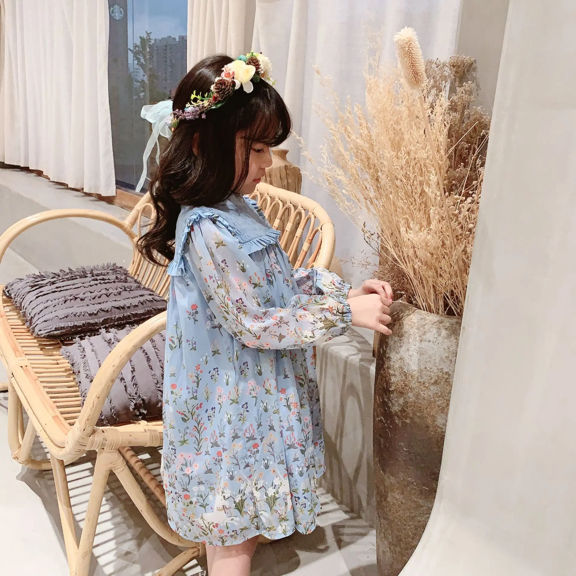 2024 spring summer new princess dress kids girl blue floral print sweet dresses little girls long sleeve elegant dresses