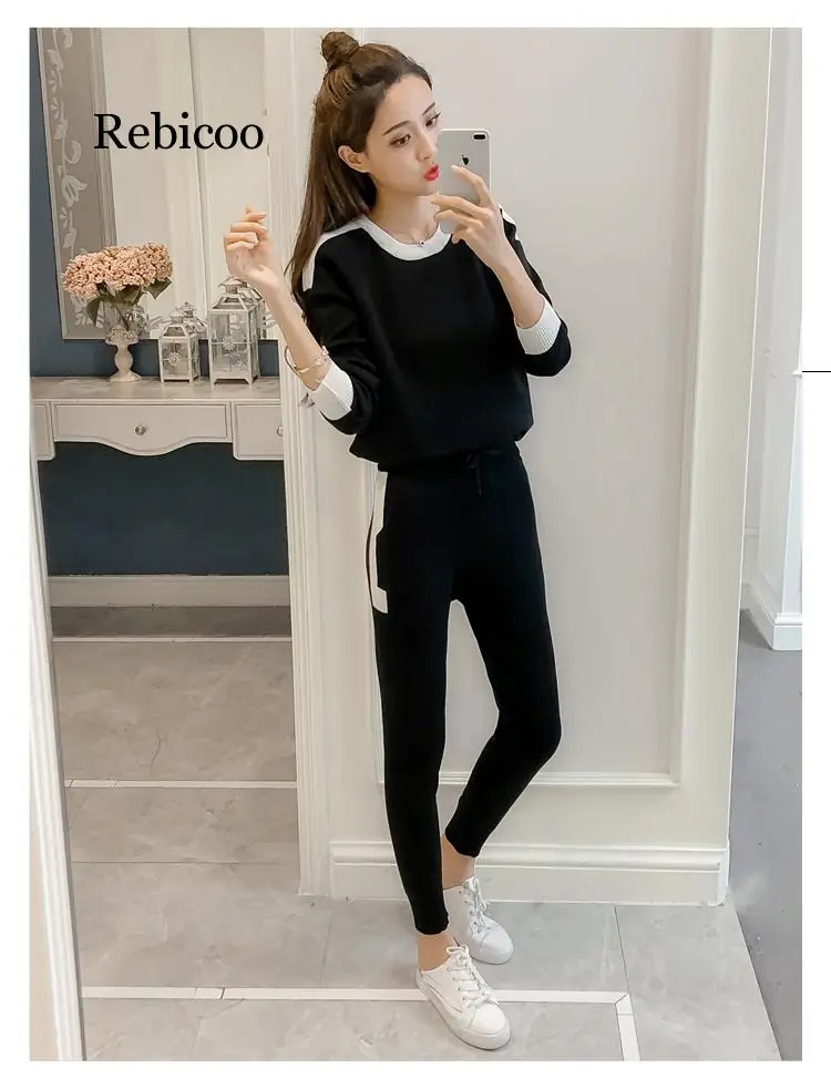 Chándal de retazos de moda para mujer, jersey de manga larga, suéter informal de longitud completa coreano, conjunto de punto delgado de 2 uds.