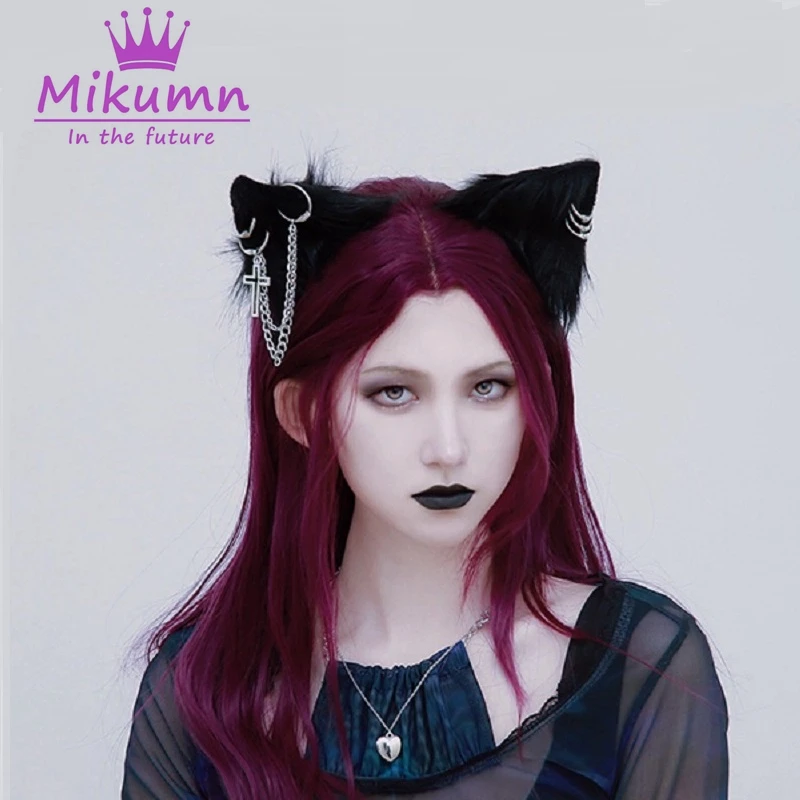 Harajuku Cross Metal Chain Balck Cat Ear Hairpin Gothic Lolita Hair Clips Halloween Cosplay Party Women Girls Hair Accessories