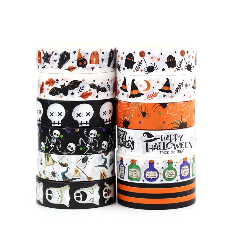 1Pc. 10M Decoratieve Schedel Skelet Zwarte Kat Pompoen Vleermuis Spin Halloween Washi Tape Planner Plakband Schattig Briefpapier