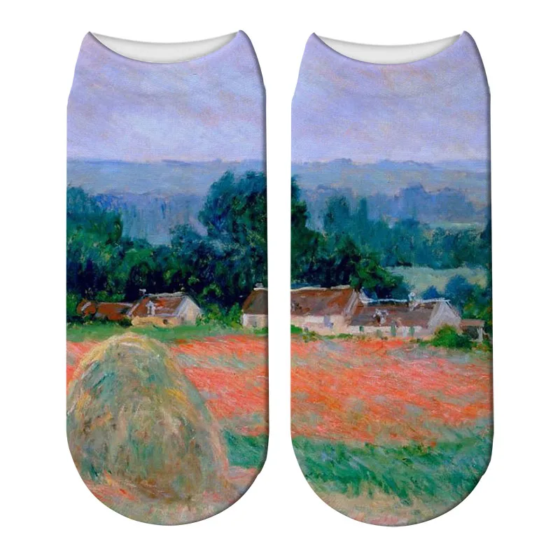 Moda 3d retro pintura arte monet meias feminino engraçado personalidade novidade feliz meias casual tornozelo algodão calcetines mujer