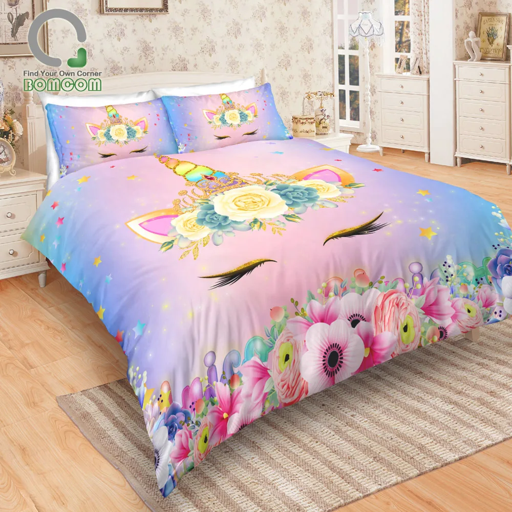 BOMCOM 3D Digital Printing Bedding Set Unicorn Face Smile with Crown in Flowers 3-Piece Duvet Cover Sets 100% Microfiber