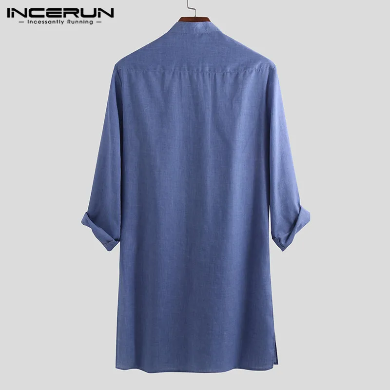 INCERUN-Camisa de manga larga para hombre, Camisa de Color sólido con cuello levantado, suelta, Vintage, informal, 2023, 5XL