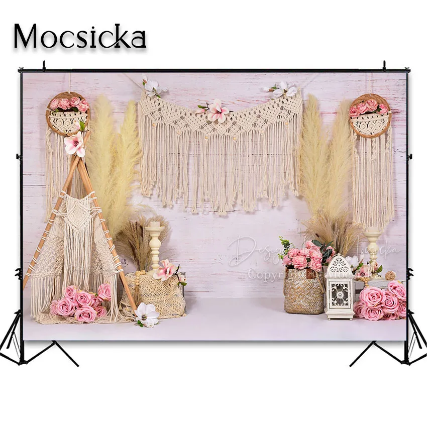 Mocsicka Boho Dreamcatcher Photography Backdrop for Girl Pampas Grass Bohemia Portraits Background Cake Smash Photo Studio Props