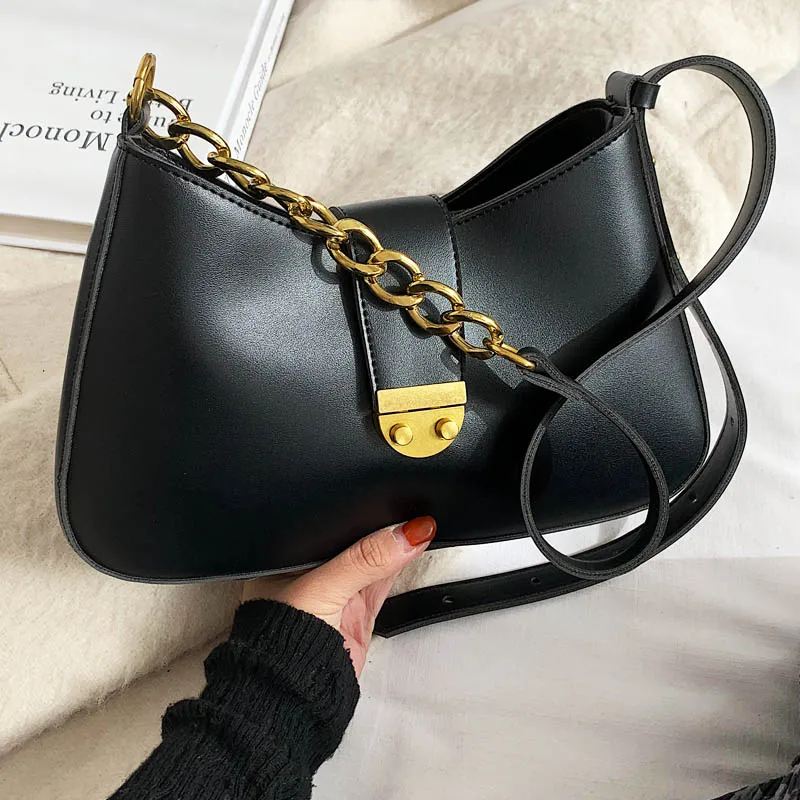 

Vintage Shoulder Bag Leather Small Armpit Bags For Women 2020 New Gold Chain Crossbody Bag Adjustable Straps Classic Hobo Purse