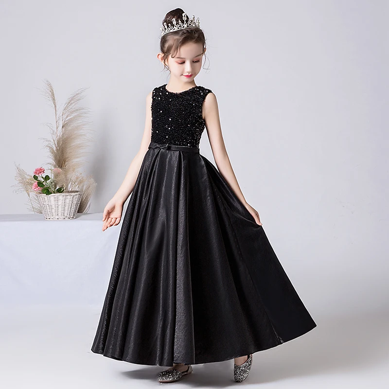 Dideyttawl Customized Sparkly Sequins Satin Girls Formal Dress Long Birthday Party Dresses Girl Princess Gown Black Navy Blue