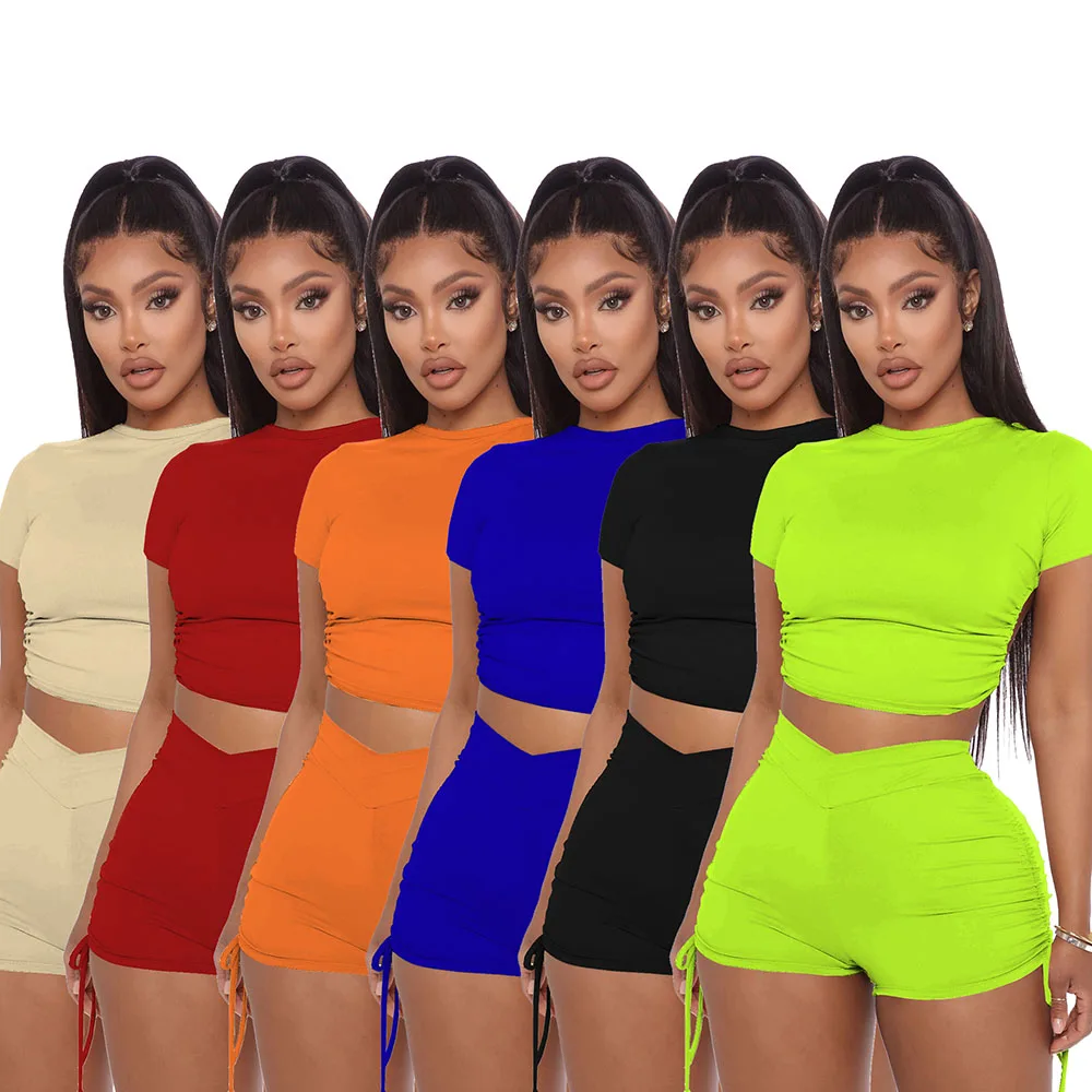 

Women Summer Solid Open Back Crop Top Stacked Shorts Jogger Pnats Suit Two Piece Set Sport Matching Set Outfit Fitness Tracksuit