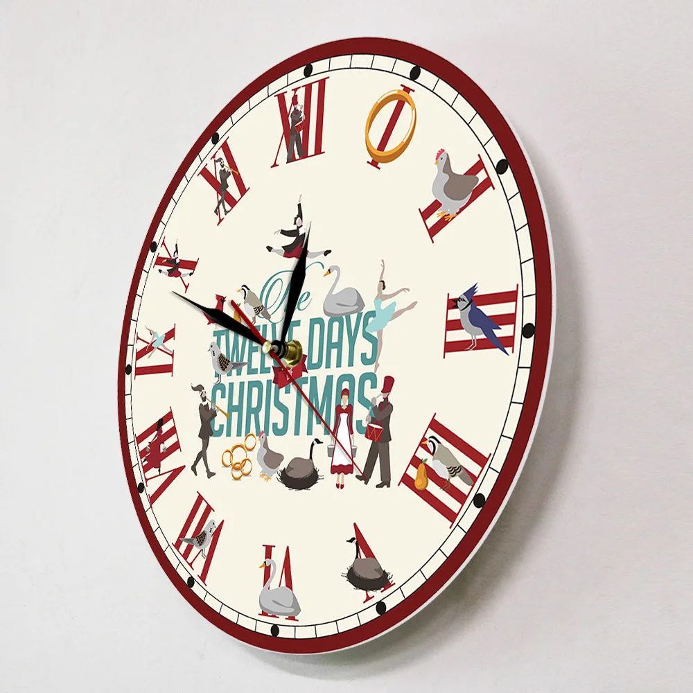 Roman Numerals Twelve Days of Christmas Non-Ticking Printed Wall Clock Happy New Year Holiday Red Watch Xmas Decor Duvar Saati
