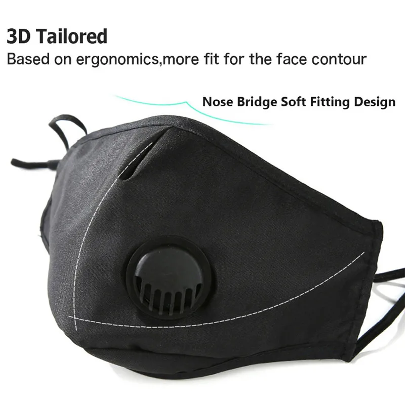 3D Face Mask Reusable Washable Adult men pm2.5 Anti flu Dust Bacteria Virus Breathable Valved Respirator Activated Carbon Filter