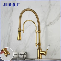 JIENI Golden Plated Kitchen Faucet Swivel Vessel Sink Faucet W/ Pull Down 2 Ways Spring Spray Nickel Brushed Washbasin Mixer Tap