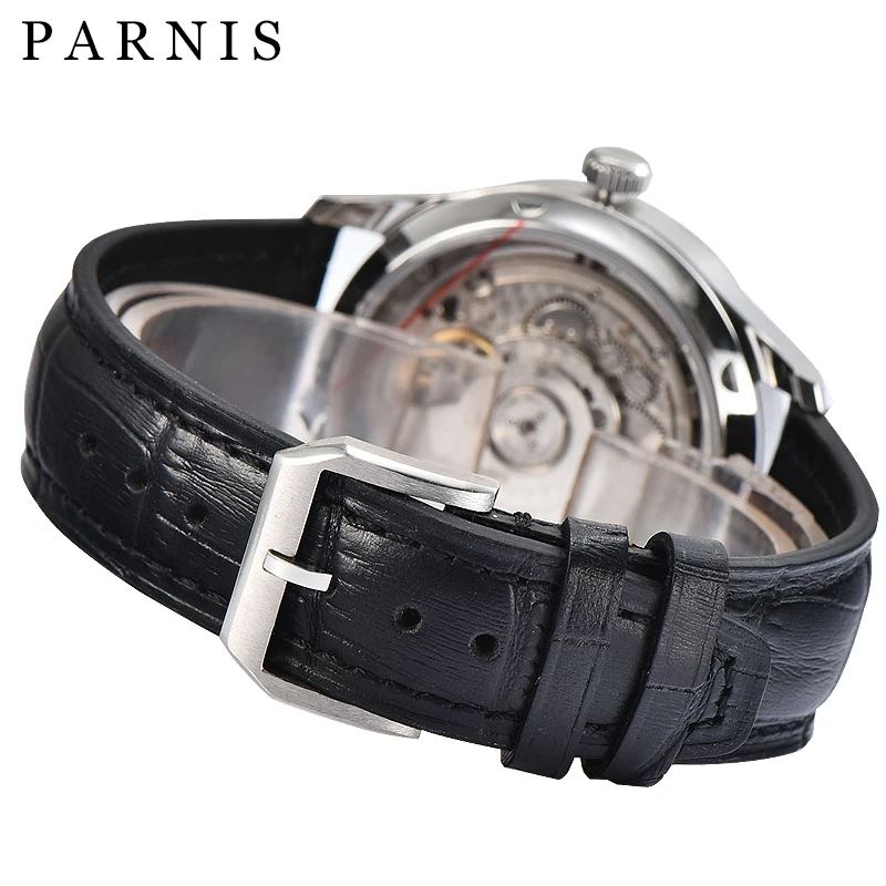 Top Luxury Watch Parnis 43mm Silver Case Automatic Men\'s Wristwatches Calendar Leather Strap Mechanical Watches Man Gift Clock